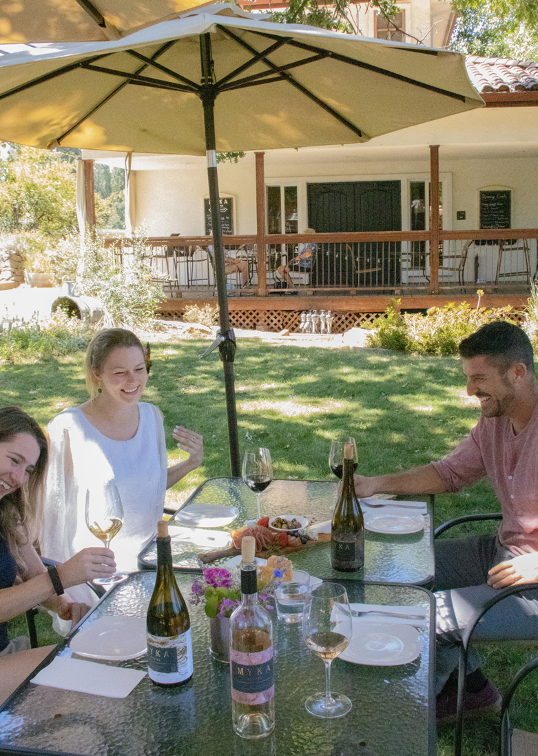 Group tasting at table with food and wine