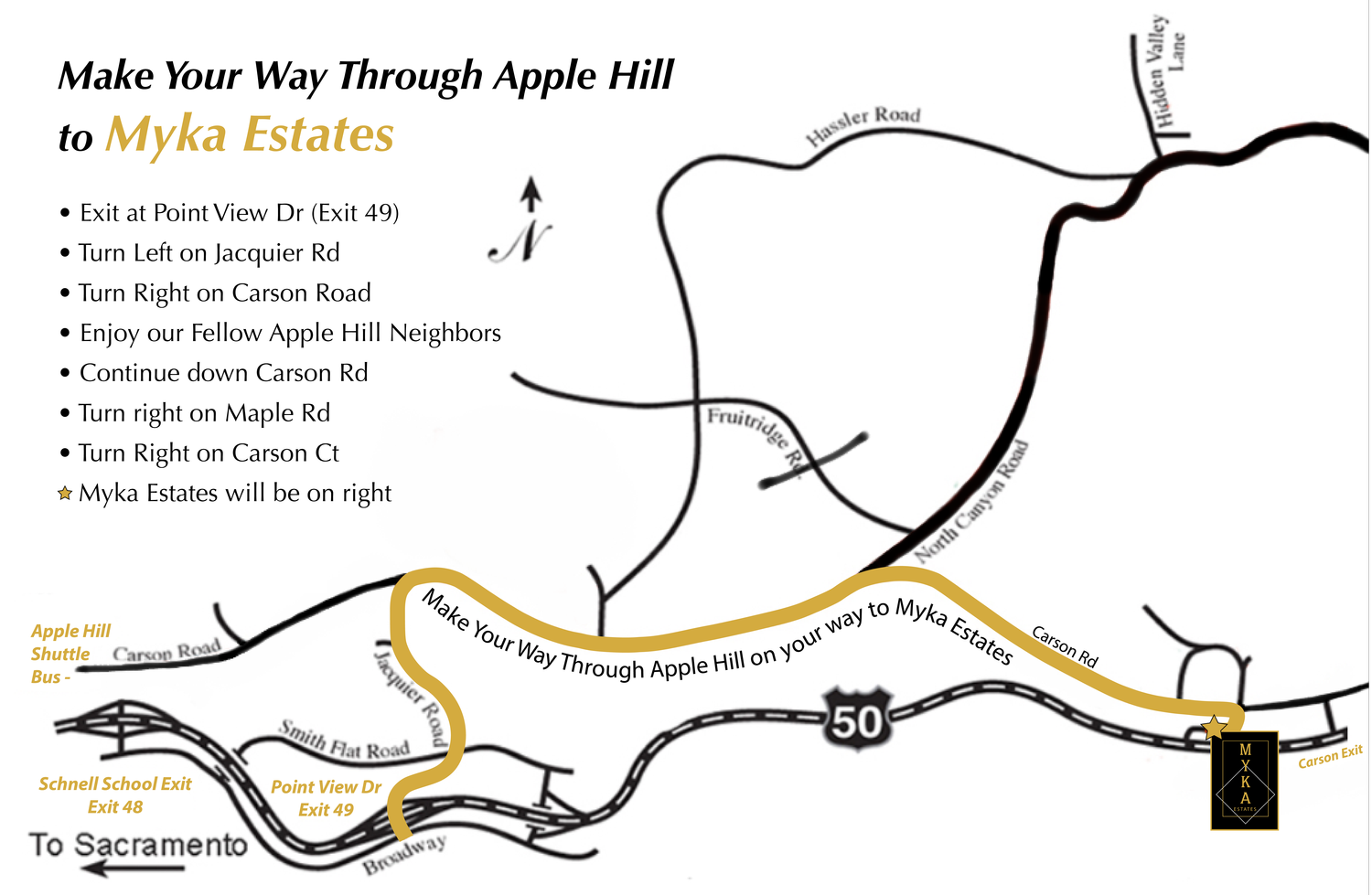 Driving directions to Myka Estates Tasting Room in Apple Hill