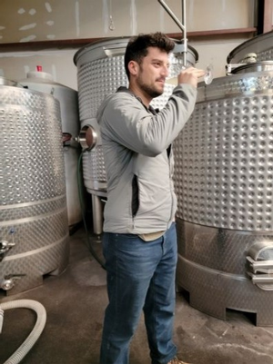 Winemaker Mica in the winery sampling fermenting juice during harvest