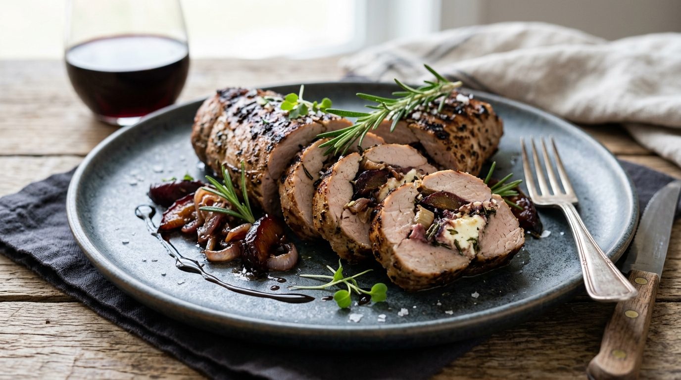 Grilled_pork_tenderloin GRILLED PLUM, SHALLOT AND FRESH CHEVRE STUFFED PORK TENDERLOIN